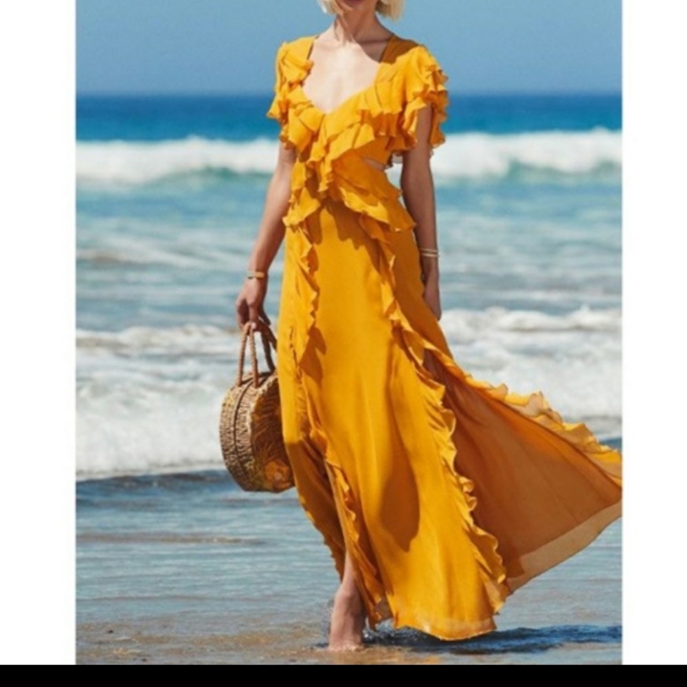 NICHOLAS Mustard Yellow Ruffle Maxi Dress